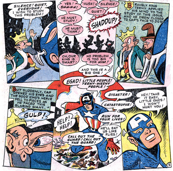 'It's a nation of tiny Hank Pyms...hey, stop slugging me!' Captain America's Weird Tales