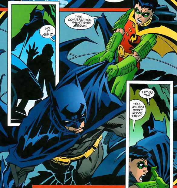 'Gimme a piggy-back ride, Bruce!' 'Not now, Jason!' 'Tim.' 'Not now, Tim!'
